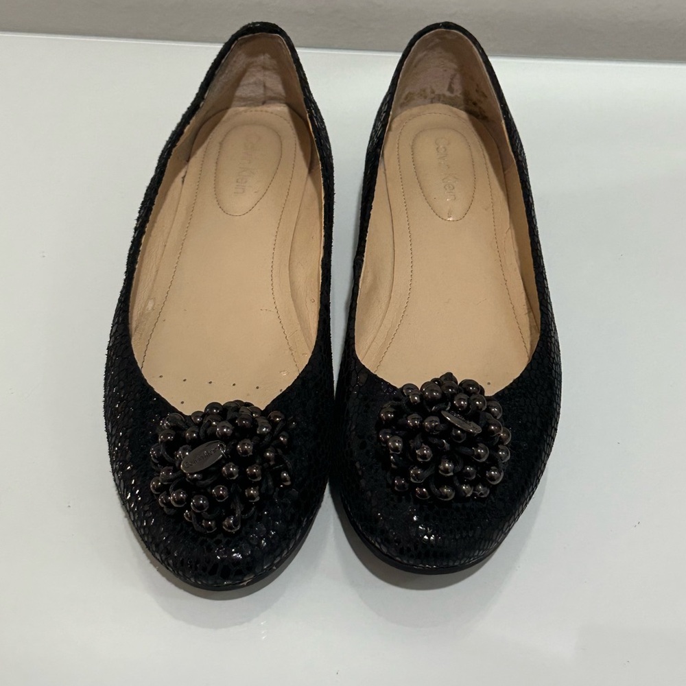 Calvin Klein Mackenzi Ballet Flat Snakeskin Leather Black Women's Size 6 ½